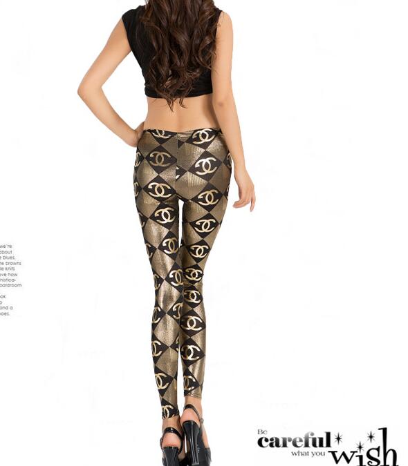 F8476 Golden Chanel Logo Print Leggings